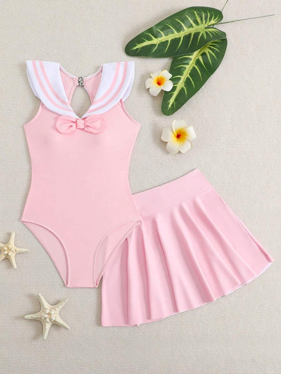 SHEIN 少女海军蓝连体泳衣搭配沙滩裙,时尚休闲两件套泳装 - 淺粉色 - 查看 1