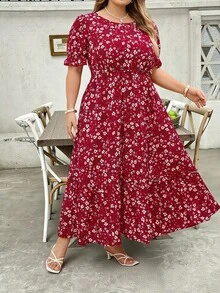 SHEIN CURVE+ 大码女式度假印花花瓣袖休闲连衣裙 - 彩色 - 查看 8
