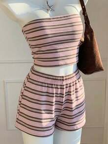 Comfortcana Bộ quần short kẻ sọc phong cách retro thường ngày dành cho nữ, kiểu Mỹ cổ điển, thích hợp mặc ngoài trời. - Nhiều màu - Xem 3