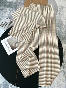 SHEIN 少女针织条纹圆领短袖修身T恤和配套修身裤套装，休闲百搭 - 杏色 - 查看 2