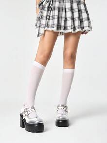 ROMWE Kawaii Giày cao gót nữ Diablo phong cách Rock Punk Goth, mũi kín, kiểu Mary Jane, da nhỏ, gót thô, phong cách Brock Y2K, giày dự tiệc. - Bạc - Xem 2