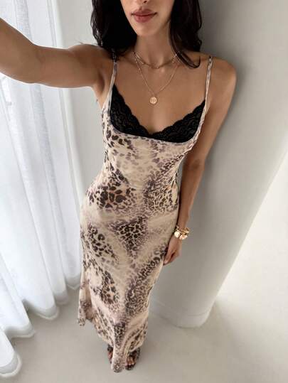 Aloruh Women's Spring/Summer Lace Patchwork Leopard Print Fitted Dress
