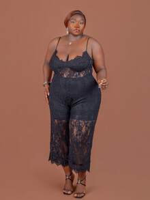 CurvyTilda Große Größen Damen einfarbiger schwarzer Spitzen-Camisole Jumpsuit, sexy transparenter Spitzen-Jumpsuit, elegantes Damen Alltagsoutfit, Ausgehoutfit, Partytragen, asymmetrischer Weitbein-Jumpsuit, Valentinstag-Jumpsuit, lässiger anmutiger Jumpsuit, für Sanduhrfigur - Schwarz - Übersicht 7