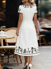 EMERY ROSE Spring & Summer Casual Waist Cinched A-Line White Printed Dress For Women - White - View 2