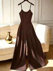 Elenzga Plus Size Women Casual Solid Color Strap Waist Jumpsuit - Brown - View 2