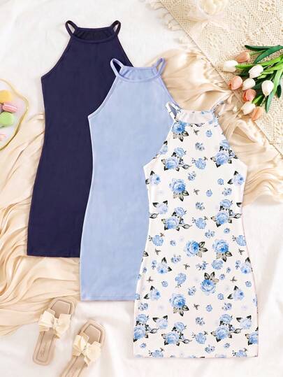 SHEIN Vestido casual de cuello halter para niña para vacaciones y uso diario