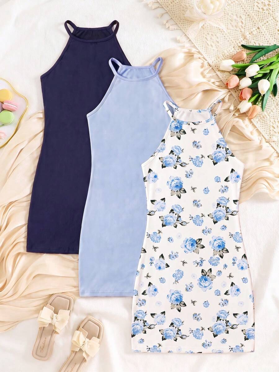 SHEIN Vestido casual de cuello halter para niña para vacaciones y uso diario - Multicolor - Ver 1