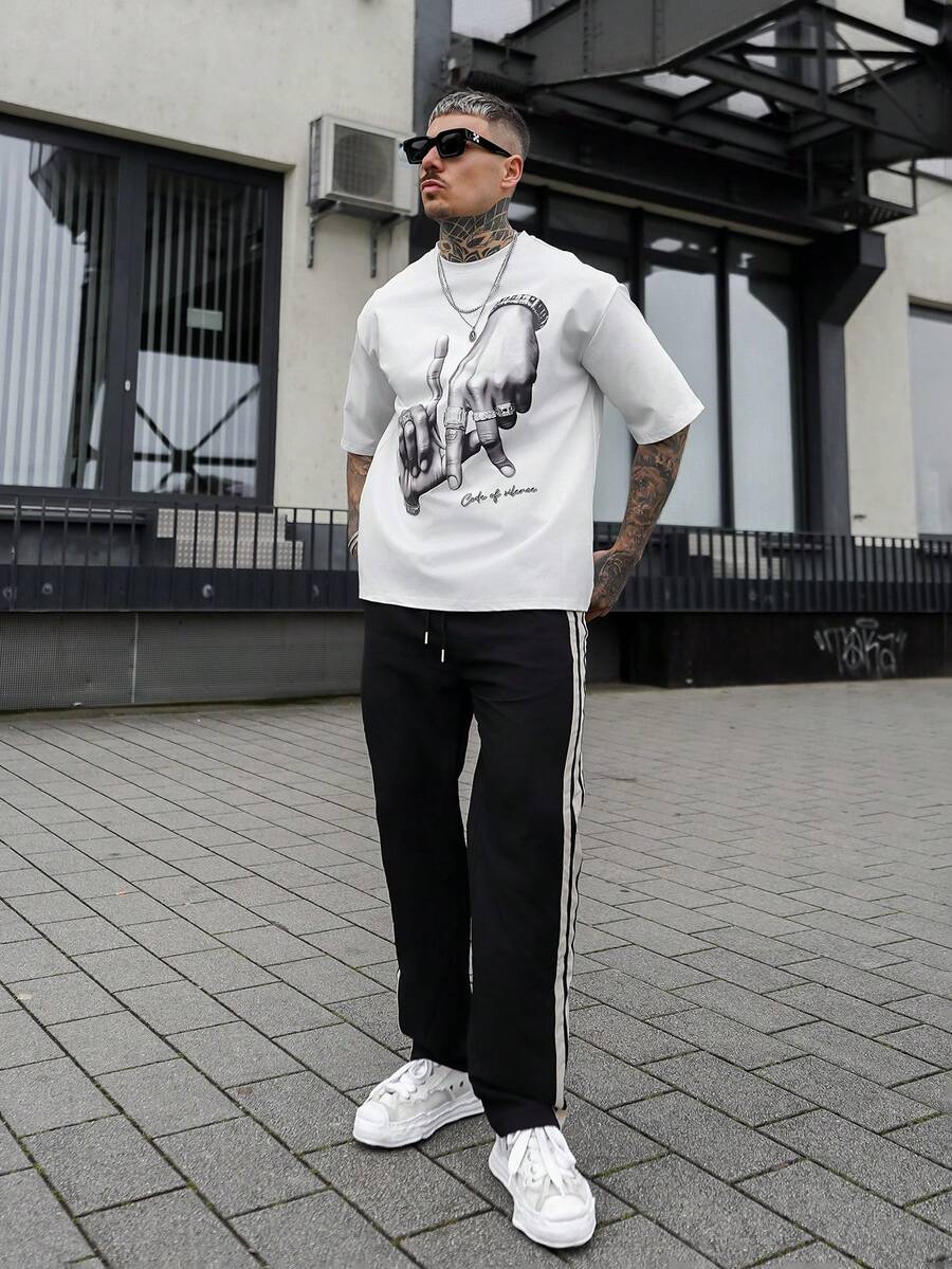 Artur Kramer Los Angeles LA Letter Hand Gesture Logo Print Casual Oversized Men White T-Shirt - White - View 1