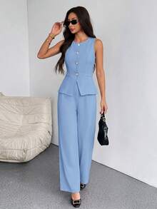 SHEIN PETITE 女款淺藍色夏季休閒兩件套，單排扣背心與寬腿褲，仿牛仔套裝，優雅辦公商務穿搭，無袖，適合嬌小女性 - 淺藍色 - 查看 3