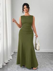 Elenzga Women's Elegant Sleeveless Round Neck A-Line Dress, Waist Ruched Design, Solid Knit Fabric - Green - View 3