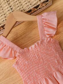 SHEIN Genkimix Kids 女童蝴蝶装饰荷叶边优雅短袖公主裙，夏季 - 粉色 - 查看 7