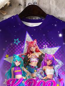 2pcs/Set Young Girl Cartoon Character Print Round Neck Short Sleeve T-Shirt And Shorts Set, Casual And Minimalist Style, Suitable For Summer - Multicolor - View 4