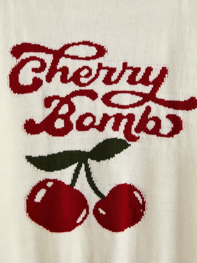 Women's Plus Size Cherry & Letter Pattern Drop Shoulder Sweater, For Winter