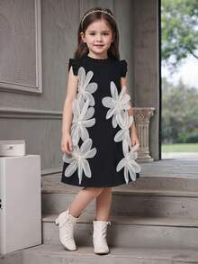 SHEIN Elladie kids فستان أنيق للبنات الصغار متزين بزهرة خوخي، لون وردي، صيفي - الأسود - مشاهدة 2