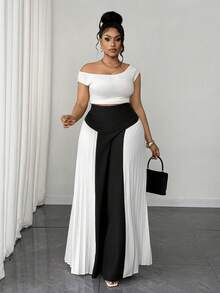 Maweii Plus Size Women's Black & White Contrast Side Pleated High Waist Wide Leg Pants, Spring/Summer Office Commute Casual Trousers,Black Pants,Elegant Dress Women - Black and White - View 6
