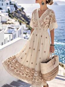 SHEIN Holidaya Summer Bohemian Fully Embroidered Elegant Dress, Suitable For Beach Vacation - Apricot - View 1