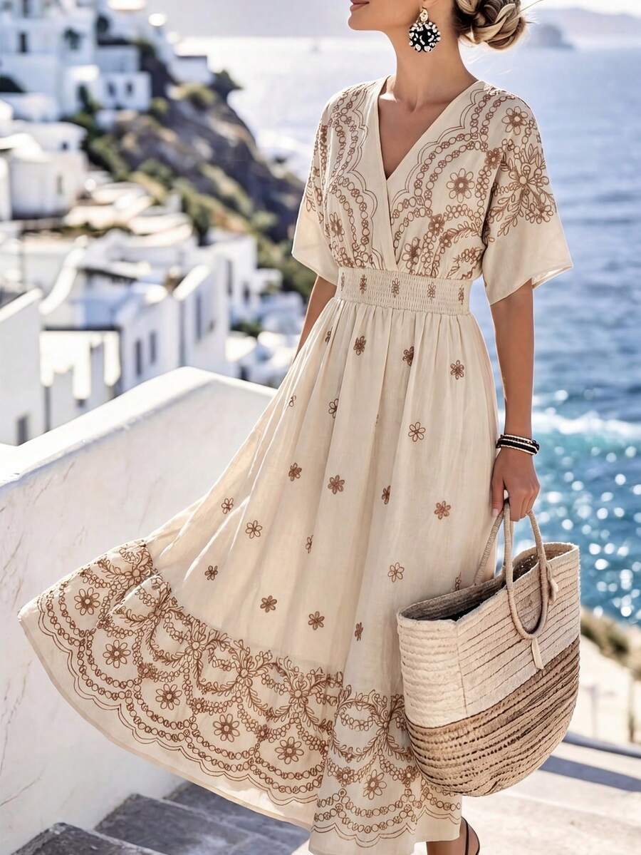 SHEIN Holidaya Summer Bohemian Fully Embroidered Elegant Dress, Suitable For Beach Vacation - Apricot - View 1