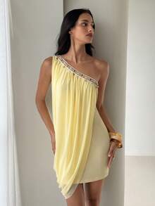 Aloruh Women's Elegant Solid Color Asymmetrical Shoulder Mini Dress, Casual Holiday Apricot Dress - Apricot - View 3