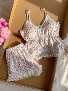 Comfortcana Bộ áo hai dây dệt kim họa tiết hoa nhí mùa hè có đệm ngực và quần short viền ren. - Nhiều màu - Xem 3