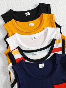 SHEIN 买一送四，男童5件套舒适字母拼接休闲背心，适合户外活动、学校、居家休闲和专业运动。 - 彩色 - 查看 5