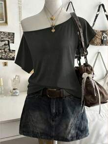 Lalippa Women's Solid Color Backless Cutout Shoulder Short Sleeve T-Shirt - Grey - View 2