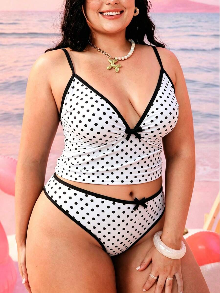 Swim Mod 2026新款加大码女式两件套泳衣,随机几何印花,时尚休闲简约蝴蝶结可调节加粗肩带高腰高衩三角比基尼 - 黑與白 - 查看 1