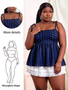 CurvyTilda Navy Blue Polka Dot A-Line Casual Plus Size Sleeveless Camisole, Suitable For Spring/Summer Polka Dot Top Babydoll Top, For Hourglass Body Shape - Navy Blue - View 1