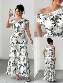 Elenzga Valentine's Day Floral Pattern Asymmetric Waist Mermaid Hem Elegant Plus Size Women Dress - Black - View 8