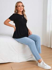 SHEIN Celana Jeans Kasual Polos untuk Ibu Hamil - Light Wash - View 4