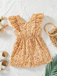 SHEIN Vintaside Kids 2025夏季新款女童碎花荷葉袖V領收腰露背A字洋裝，鄉村風時尚女童裙 - 彩色 - 查看 3