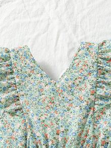 SHEIN Elladie kids 2025夏季新款女童碎花荷葉袖V領收腰露背A字洋裝，鄉村風時尚少女裙 - 彩色 - 查看 7