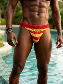 Manfinity Swimmode 男士条纹镂空泳裤，适合海滩和度假 - 黃色 - 查看 3