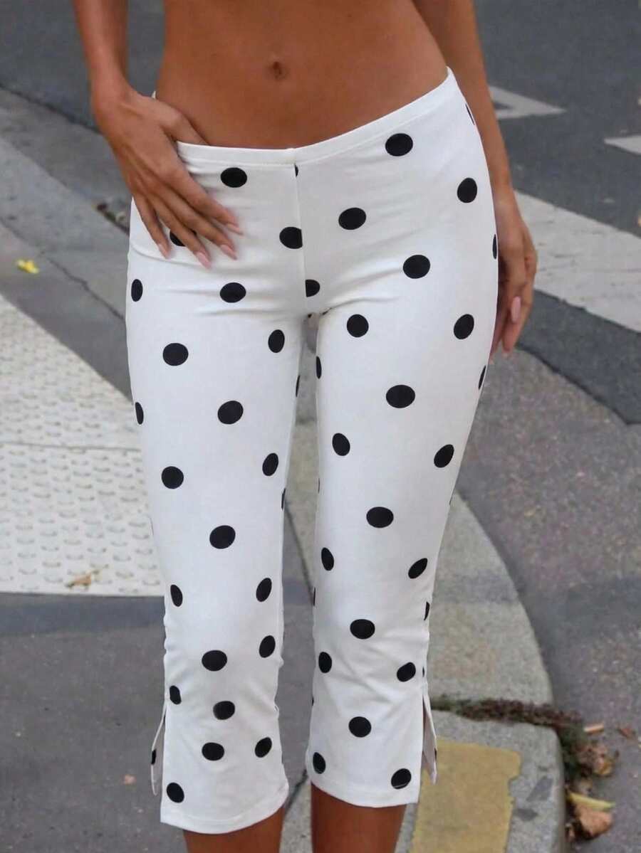Muchica 白色底圓點女款緊身七分卡普里褲,夏季女用,外出、瑜伽 - 黑與白 - 查看 1