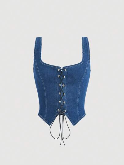 SHEIN MOD ملابس علوية جينز ضيق بتصميم أسيمتري وأمامي مربوط