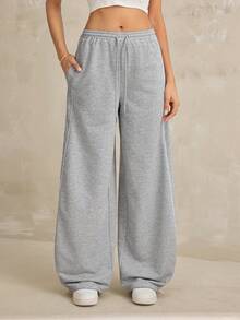 SHEIN Tall Summer Sport Casual Logo Pattern Baggy Sweatpants - Grey - View 6