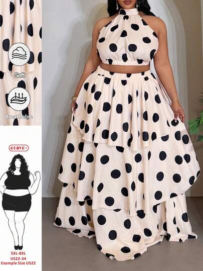 SHEIN CURVE+ Large Summer New Two Pieces Skirt Set+Large Women's Top Set, Perfect For Birthday Parties, Back To School, Pre School, Student Wear, Daily Outings, Basic And Multi-Functional, Leisure, Vacation, Cruise Travel, Beach, Seaside, Sunbathing, Single Item, Street Style, Millennial Y2K Sexy Hot, Elegant And Romantic, Perfect Choice For Dating And Shopping, Sleeveless Off Shoulder Round Neck Top, Multi-Layer Pleated Cake Skirt, Polka Dot Women's Plus Size Skirt Two Pieces Set - A