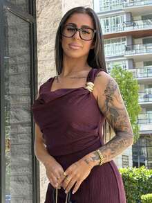 SAYEHFBABY 女士不对称领口垂褶腰身连体裤，性感优雅通勤连体裤，金属纽扣装饰连体裤，度假连体裤，时尚，通勤，优雅，性感，度假，海滩，夏威夷，垂褶领口 - 酒紅色 - 查看 5