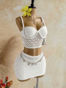 Soleia Women's Hollow Design Camisole And Bodycon Mini Skirt Sexy 2 Pieces Set - White - View 3