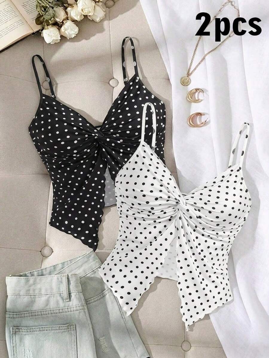 SHEIN MOD 女士时尚百搭波点印花打结前褶皱开衩吊带背心两件套 - 黑與白 - 查看 1