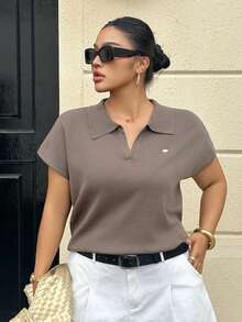Dazy Plus Blusa de punto holgada de unicolor con cuello medio abierto y manga corta, adecuada para primavera y verano, talla grande - Gris - Ver 6