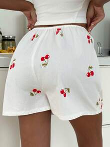 DAZY Women's 100% Cotton Cherry Print Loose Pajama Shorts, Summer - White - View 2