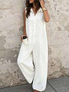 SHEIN Holidaya Europäisch-amerikanischer Mode Kragen Dekorknopf Design ärmellose locker sitzende lässig Damen Jumpsuit, Damen Frühlings- und Sommer Jumpsuit, ärmellose Bluse, Frühlings-Kleidung, Sommer-Outfit, Urlaub, Ausflug, Y2K, Frühling, Sommer, Schulanfang, lässig, Strand, Business, vielseitig, sexy, Damen Weiß Jumpsuit - Beige - Übersicht 4