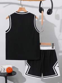SHEIN 2件套男童休闲宽松字母印花背心短裤套装，适合通勤、上学、日常穿着、运动、春夏穿着。 - 黑色 - 查看 2