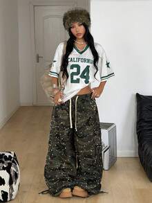 Coolane 女士夏季落肩宽松V领足球球衣T恤，字母印花，情侣同款 - 彩色 - 查看 6