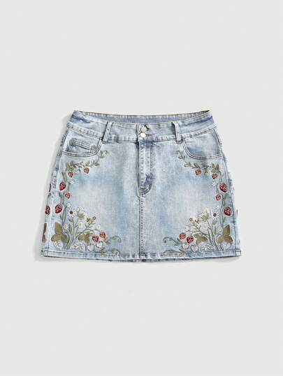 ROMWE Fairycore Chân váy ngắn denim cỡ lớn dành cho nữ, thêu họa tiết lấy cảm hứng từ thiên nhiên, thích hợp cho mùa hè.