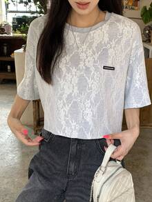 DAZY 女款夏季休閒對比蕾絲落肩短版T恤 - 灰色 - 查看 2