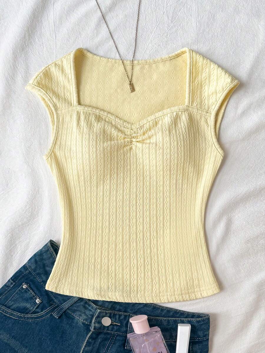 SHEIN 少女休闲纯色黄色针织吊带背心,胸部褶皱设计,甜美可爱,适合返校季、假日、家庭户外春季野餐、日常穿着,以及各种场合。 - 黃色 - 查看 1