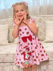Strawberry Shortcake X SHEIN Young Girl Strawberry Print Dress With Bow Decor And Flutter Sleeves - Pink - View 5