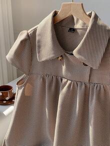 Comfortcana Đầm ngắn tay ngắn kẻ caro cài cúc dành cho nữ, kiểu dáng thường ngày. - Màu nâu  Mocha - Xem 4
