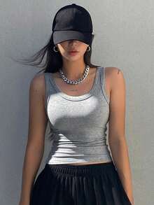 DAZY Solid Scoop Neck Tank Top Y2k - Grey - View 3